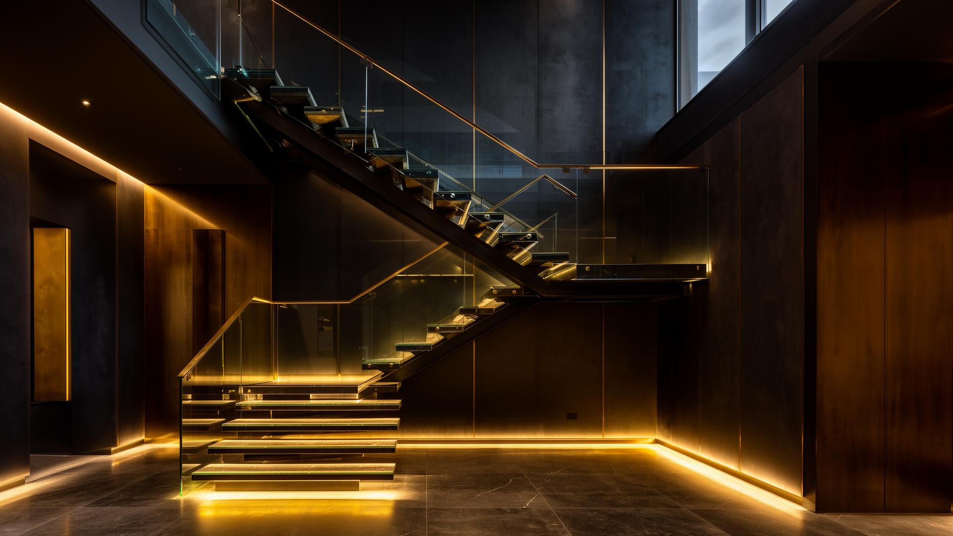 Luxury floating staircase with golden LED lighting
